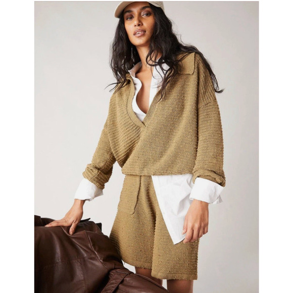 Free People Beach Carter Sweater Set Womens Medium Green Pullover Shorts Lounge - Picture 2 of 16